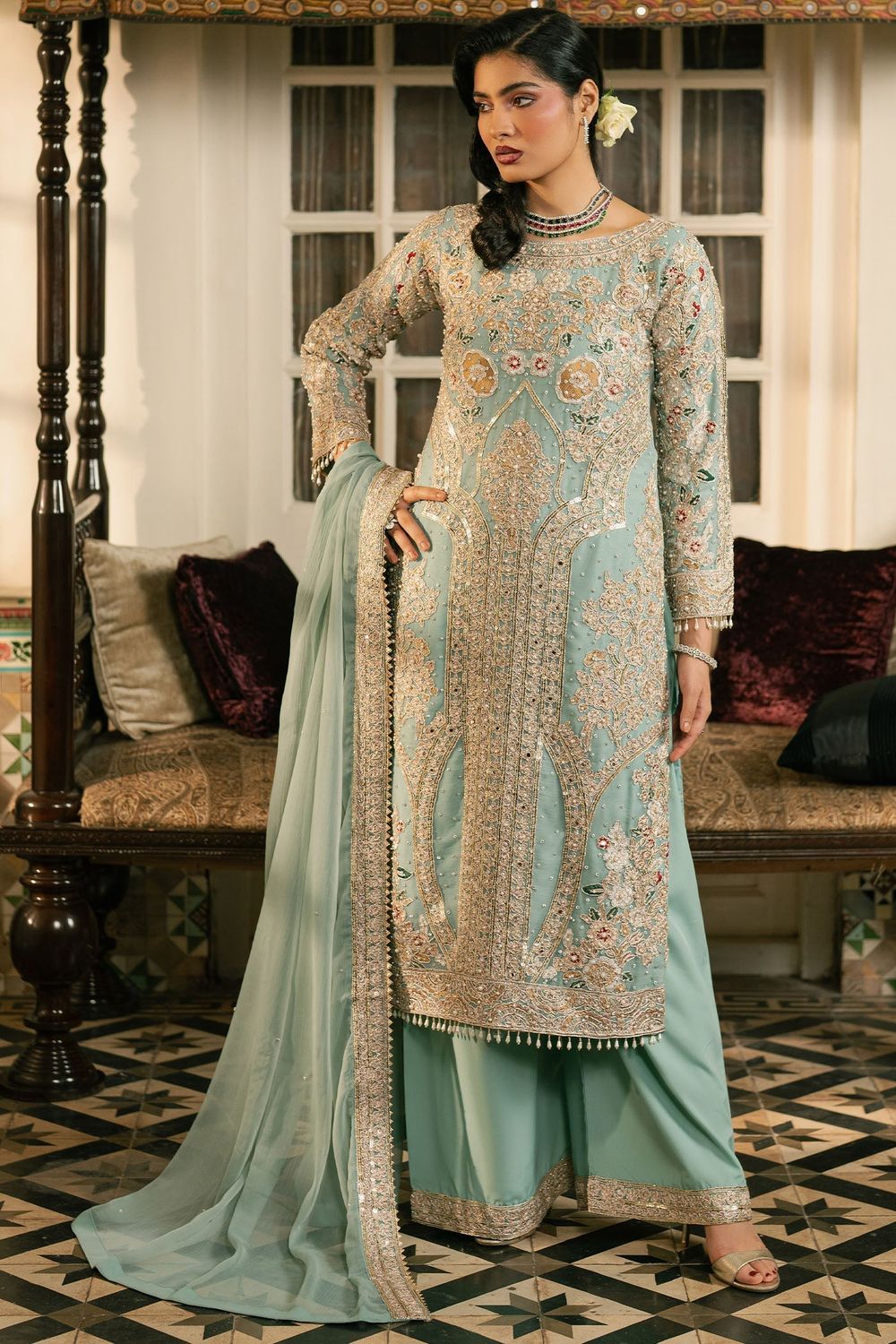 Mint Green Filigree Embroidered Chiffon Wedding Suit Online in Dubai UAE Abudhabi Ajman Sharjah
