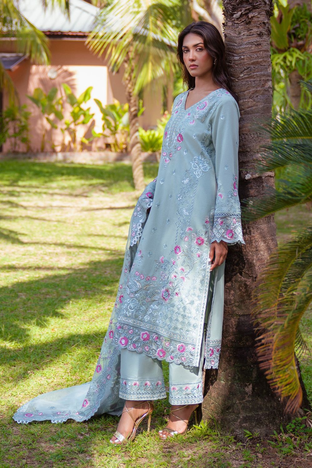 Mint Green Floral Embroidered Lawn Suit Online in Dubai UAE Abudhabi Ajman Sharjah