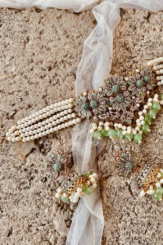 Mint Green Gold Plated Choker Necklace Set Online in Dubai UAE Abudhabi Ajman Sharjah