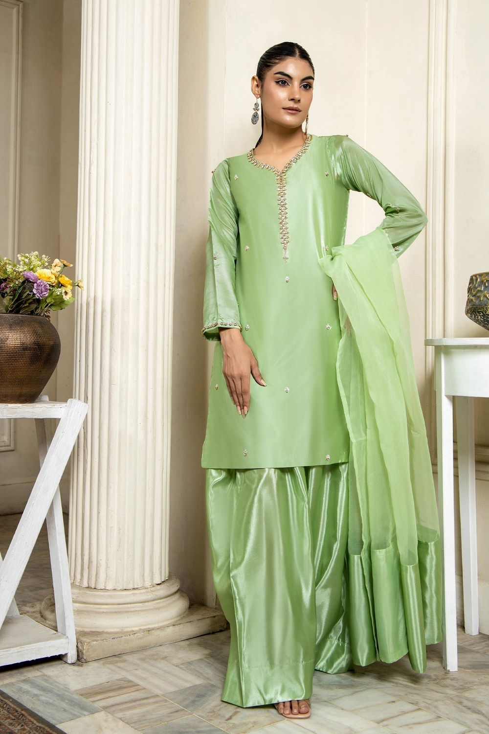 Mint Green Hand Embellished Kattan Silk Farshi Shalwar Online in Dubai UAE Abudhabi Ajman Sharjah