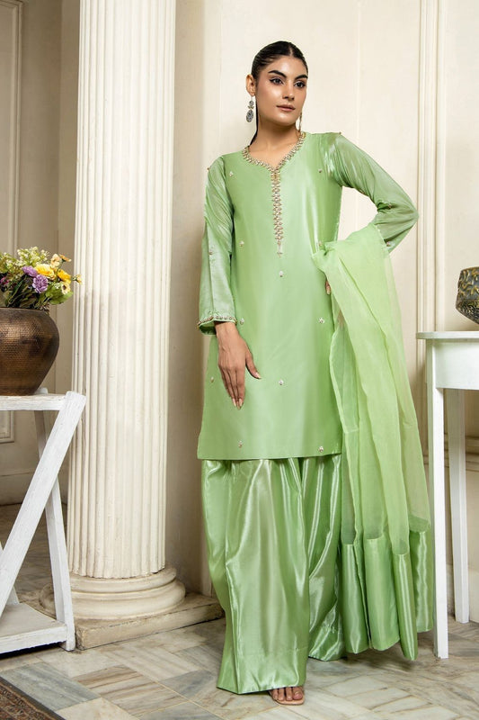 Mint Green Hand Embellished Kattan Silk Farshi Shalwar Online in Dubai UAE Abudhabi Ajman Sharjah