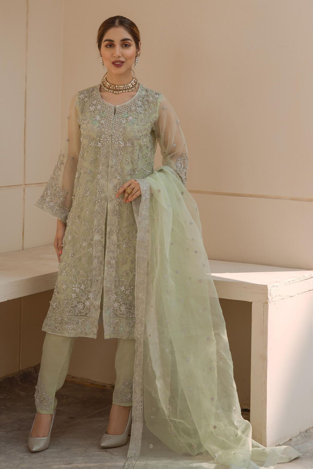 Mint Green Hand Embellished Organza Partywear Suit Online in Dubai UAE Abudhabi Ajman Sharjah