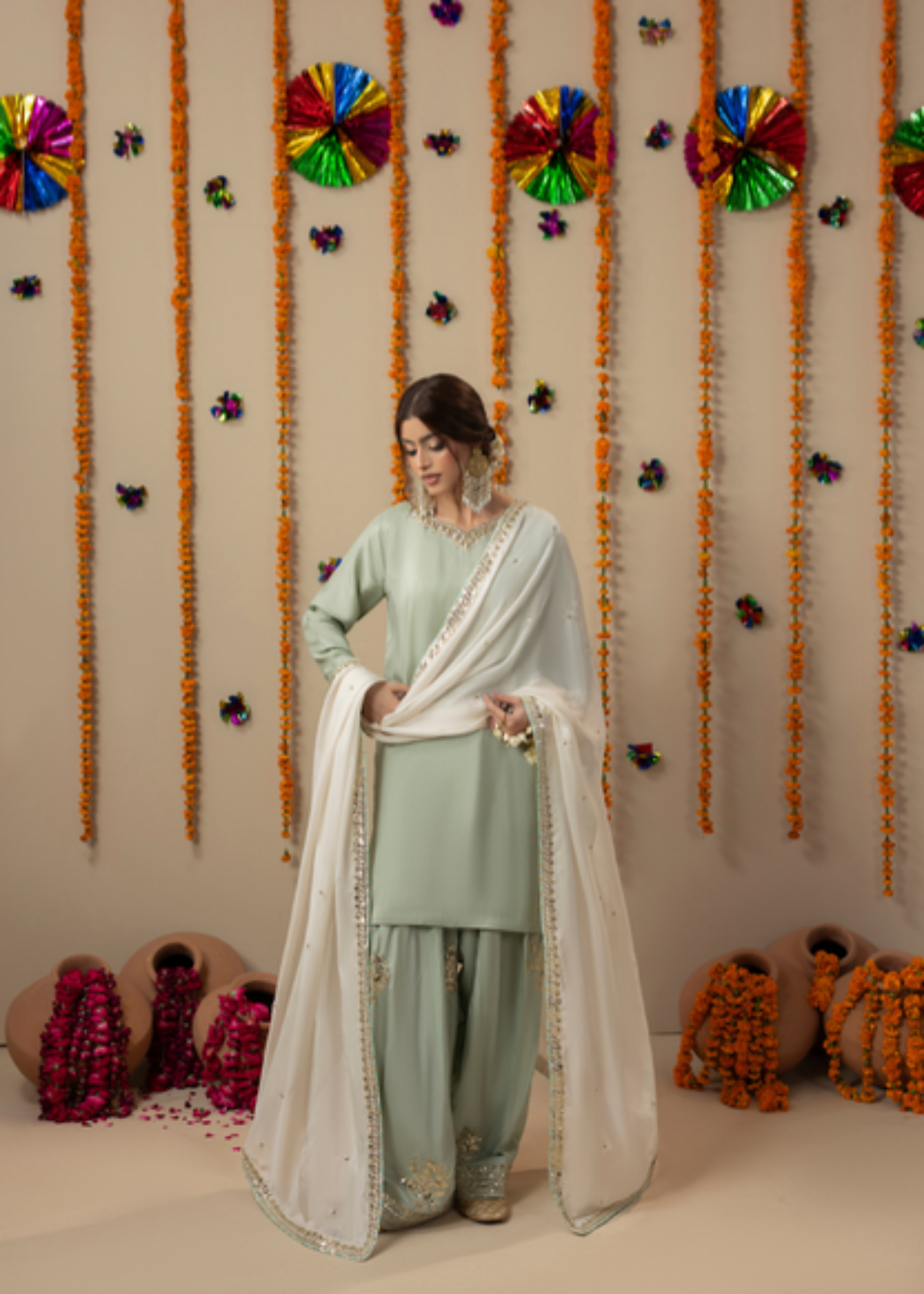 Mint Green Heavy Embroidered Silk Kurta with Farshi Shalwar Online in Sri Lanka India Australia
