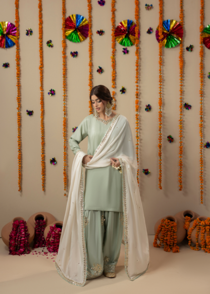 Mint Green Heavy Embroidered Silk Kurta with Farshi Shalwar Online in Sri Lanka India Australia