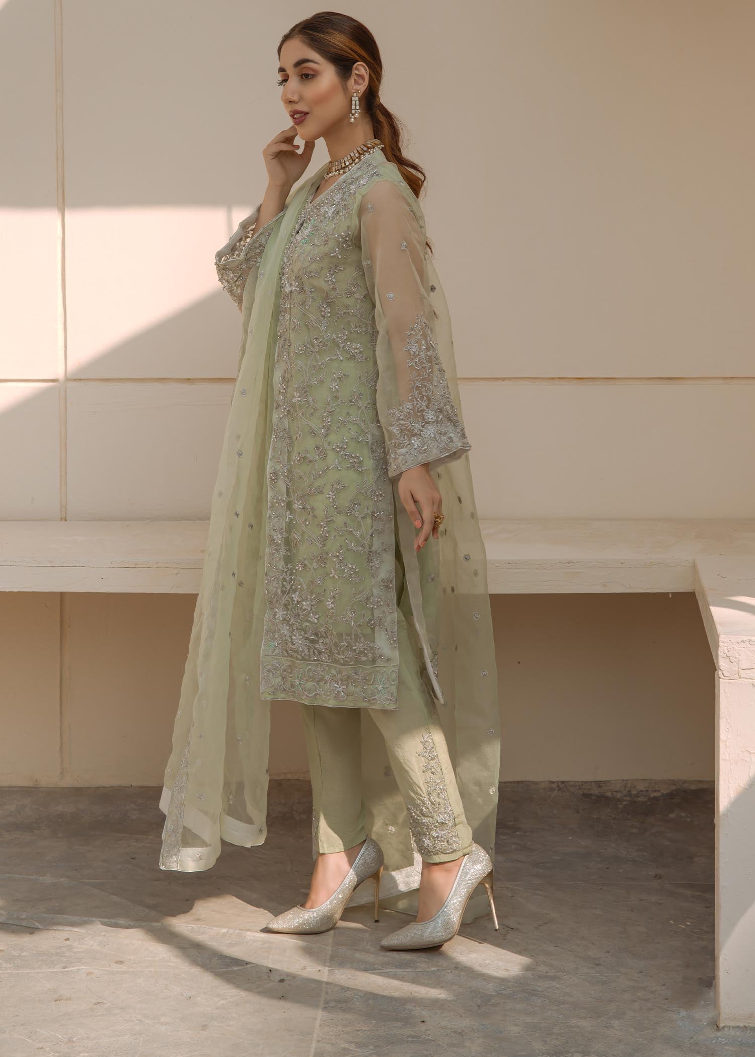 Mint Green Jewel Organza Front Open Jacket Suit Online in Dubai DXB UAE Abudhabi Meena Bazaar