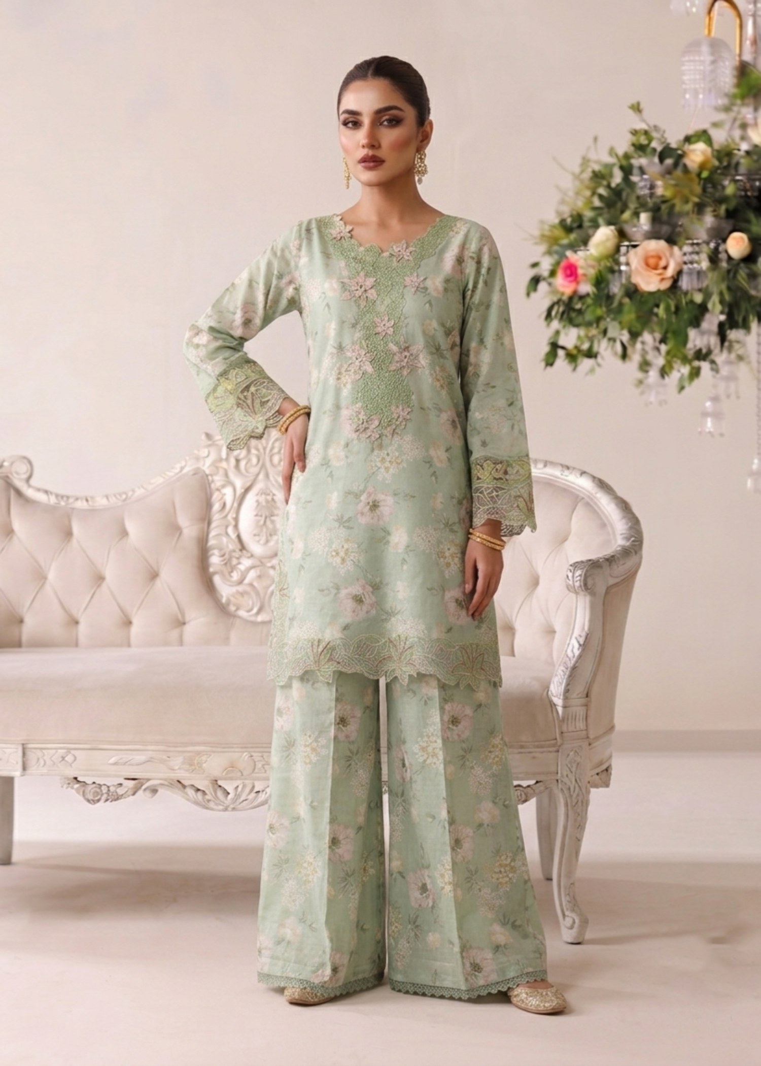 Mint Green Lawn Party Wear Sharara Online in Sri Lanka India Australia
