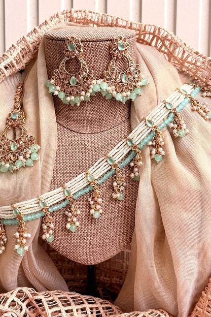 Mint Green Metal Choker Jewellery Set Online in Dubai UAE Abudhabi Ajman Sharjah