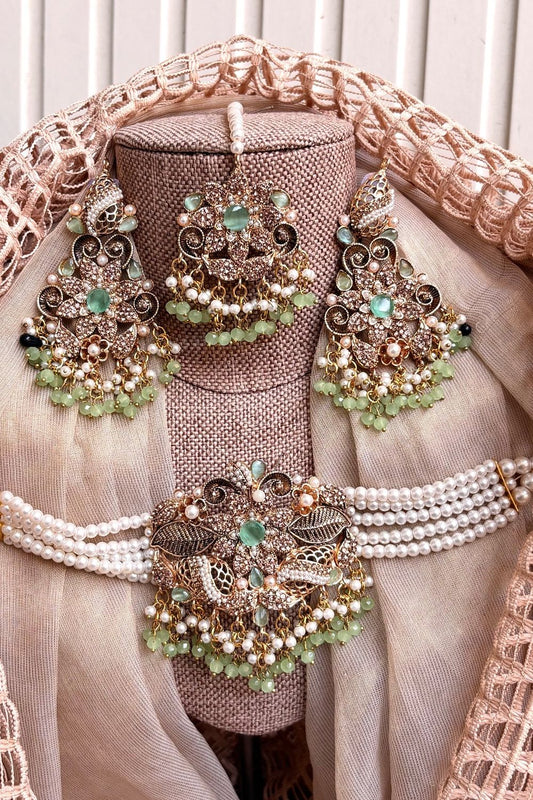 Mint Green Metal Choker Necklace Set Online in Dubai UAE Abudhabi Ajman Sharjah