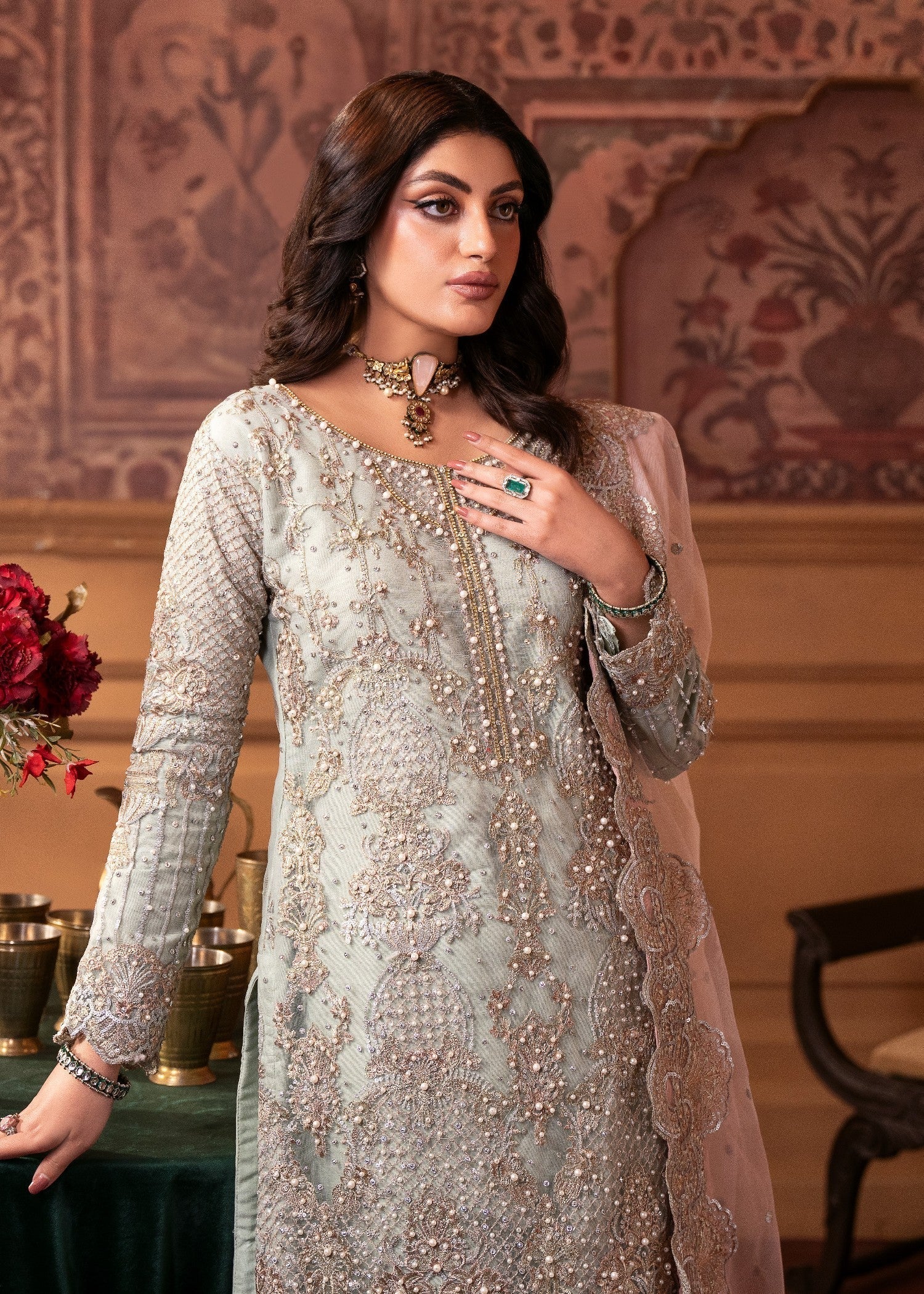 Mint Green Net Embroidered Ladies Salwar Suit Online in KSA Riyadh Saudi Arabia Oman Bahrain Qatar