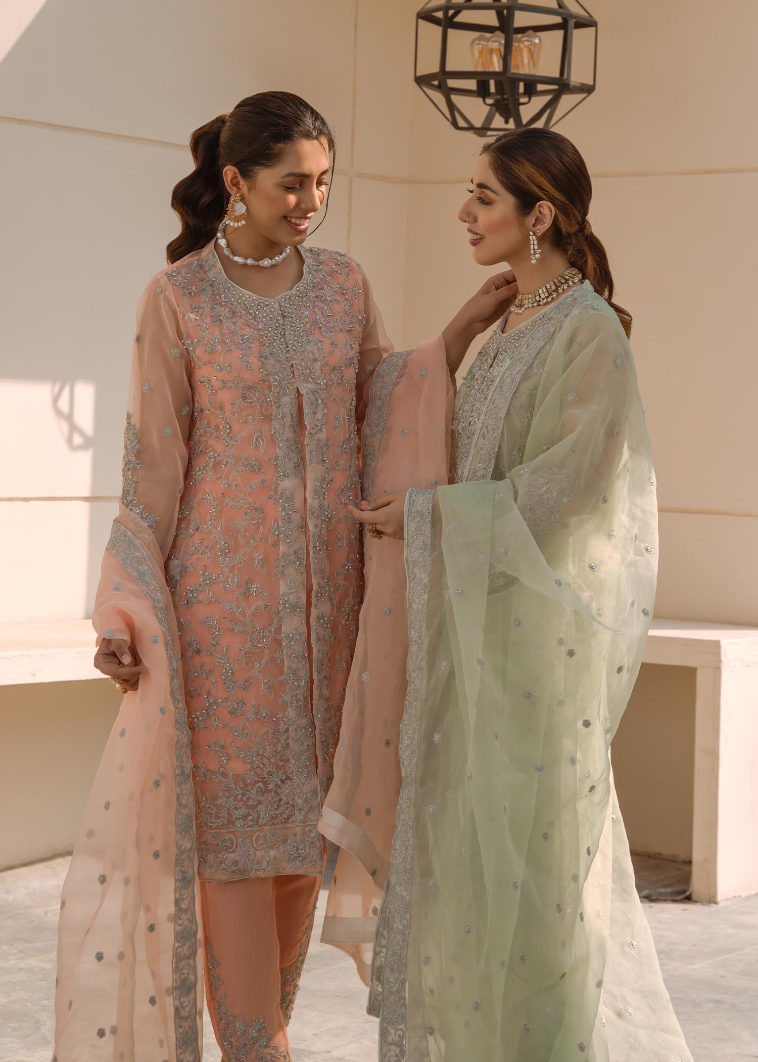 Mint Green Organza Dupatta Embellished Suit Online in KSA Riyadh Saudi Arabia Oman Bahrain Qatar