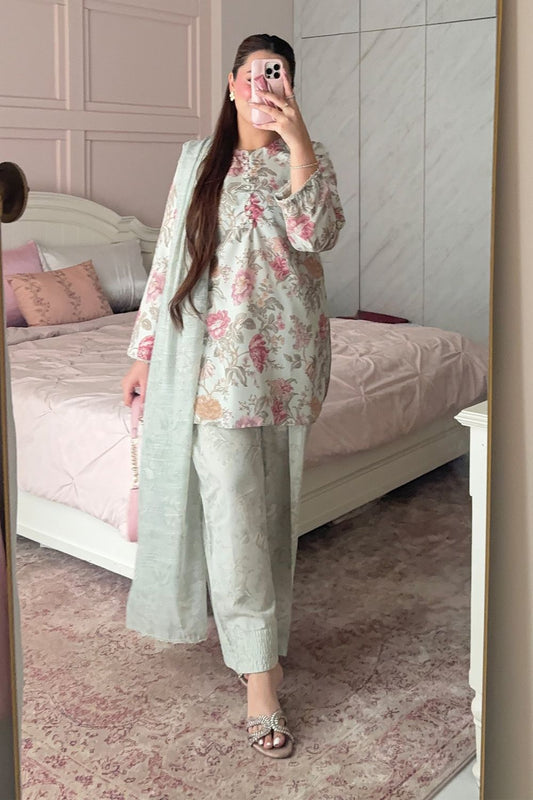 Mint Green Printed Farshi Shalwar with Chiffon Dupatta Online in Dubai UAE Abudhabi Ajman Sharjah