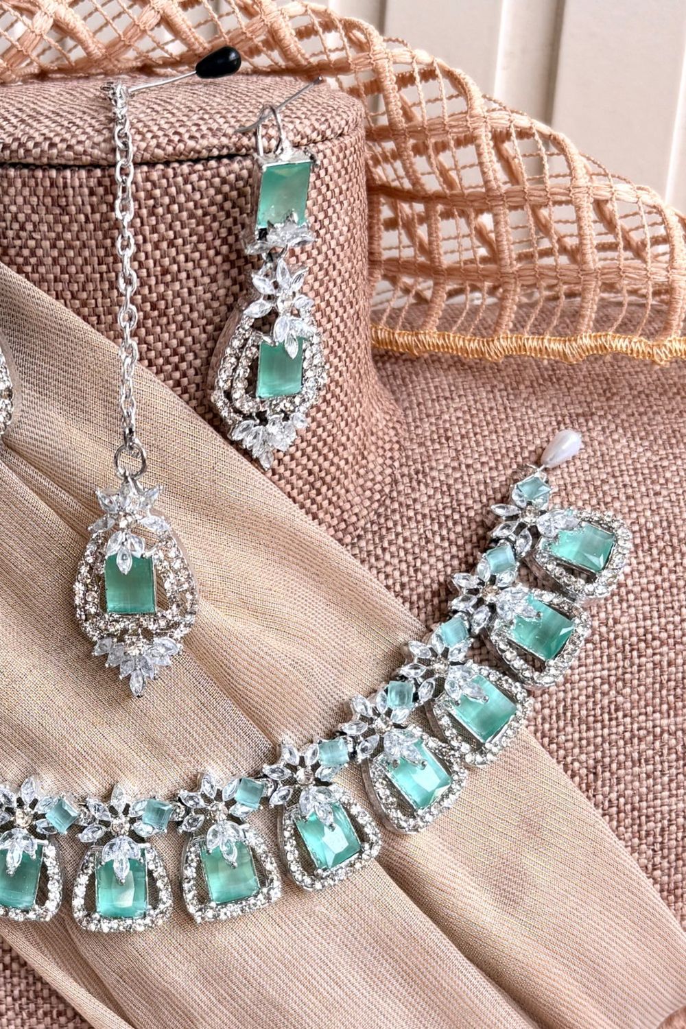 Mint Green Silver Tone Necklace Set Online in Dubai UAE Abudhabi Ajman Sharjah