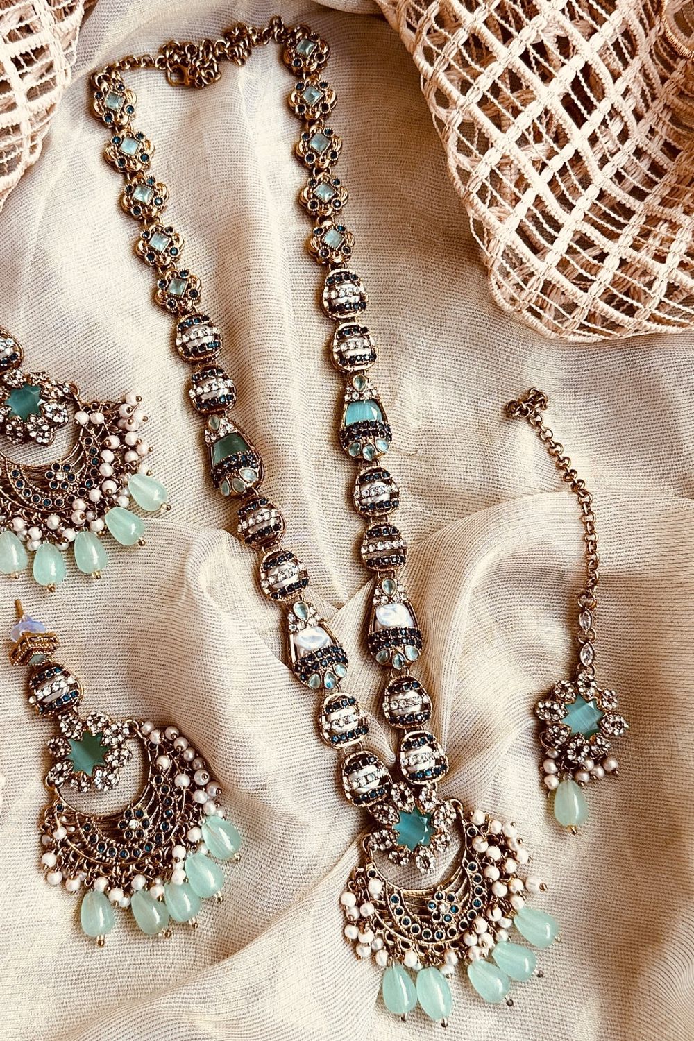 Mint Green Stone Work 3 Piece Jewellery Set Online in Dubai UAE Abudhabi Ajman Sharjah