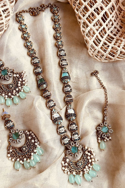 Mint Green Stone Work 3 Piece Jewellery Set Online in Dubai UAE Abudhabi Ajman Sharjah