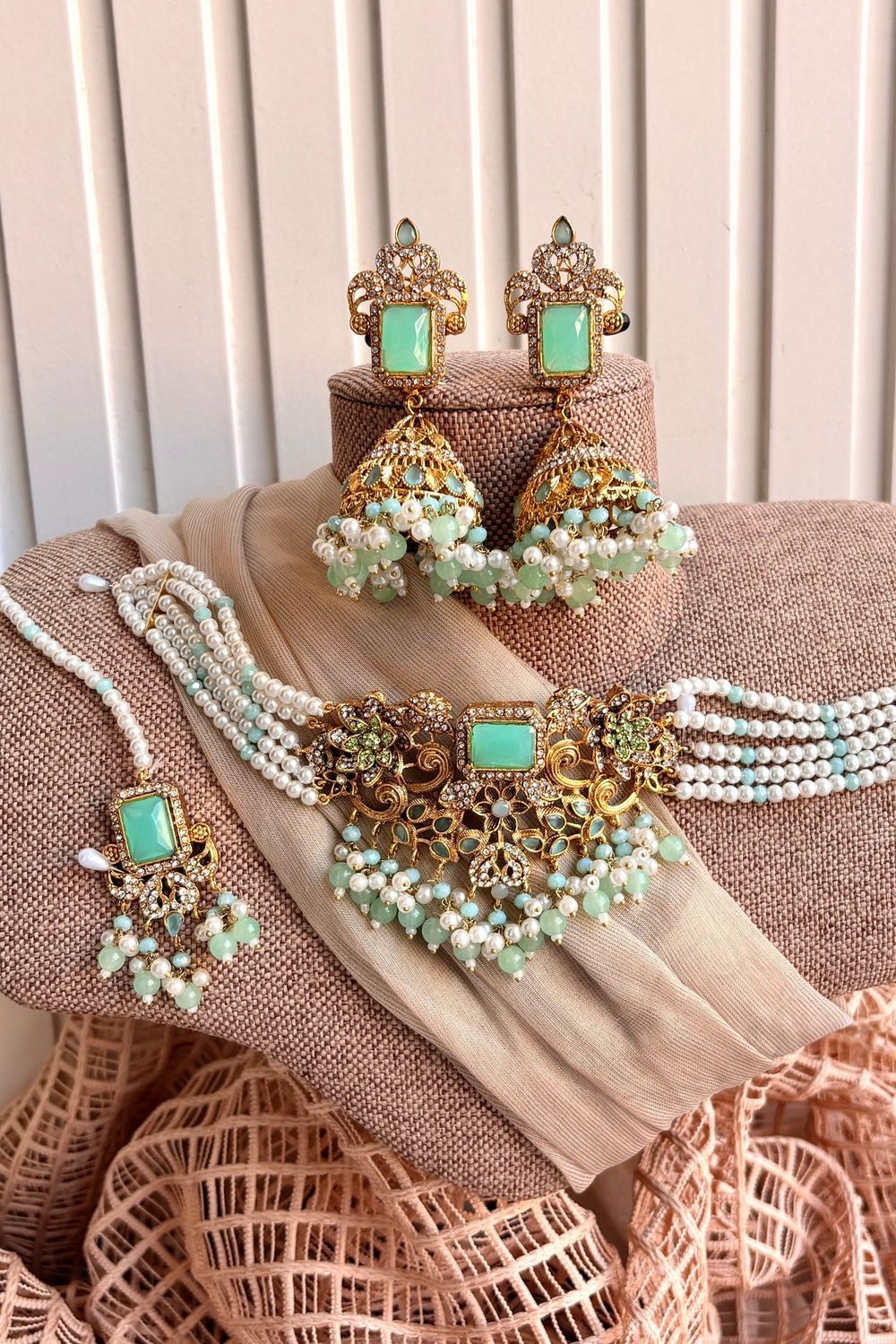 Mint Green Zirelle Choker Necklace Set Online in Dubai UAE Abudhabi Ajman Sharjah