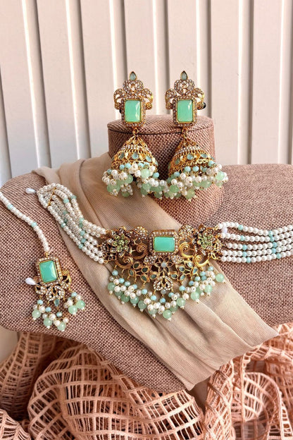 Mint Green Zirelle Choker Necklace Set Online in Dubai UAE Abudhabi Ajman Sharjah