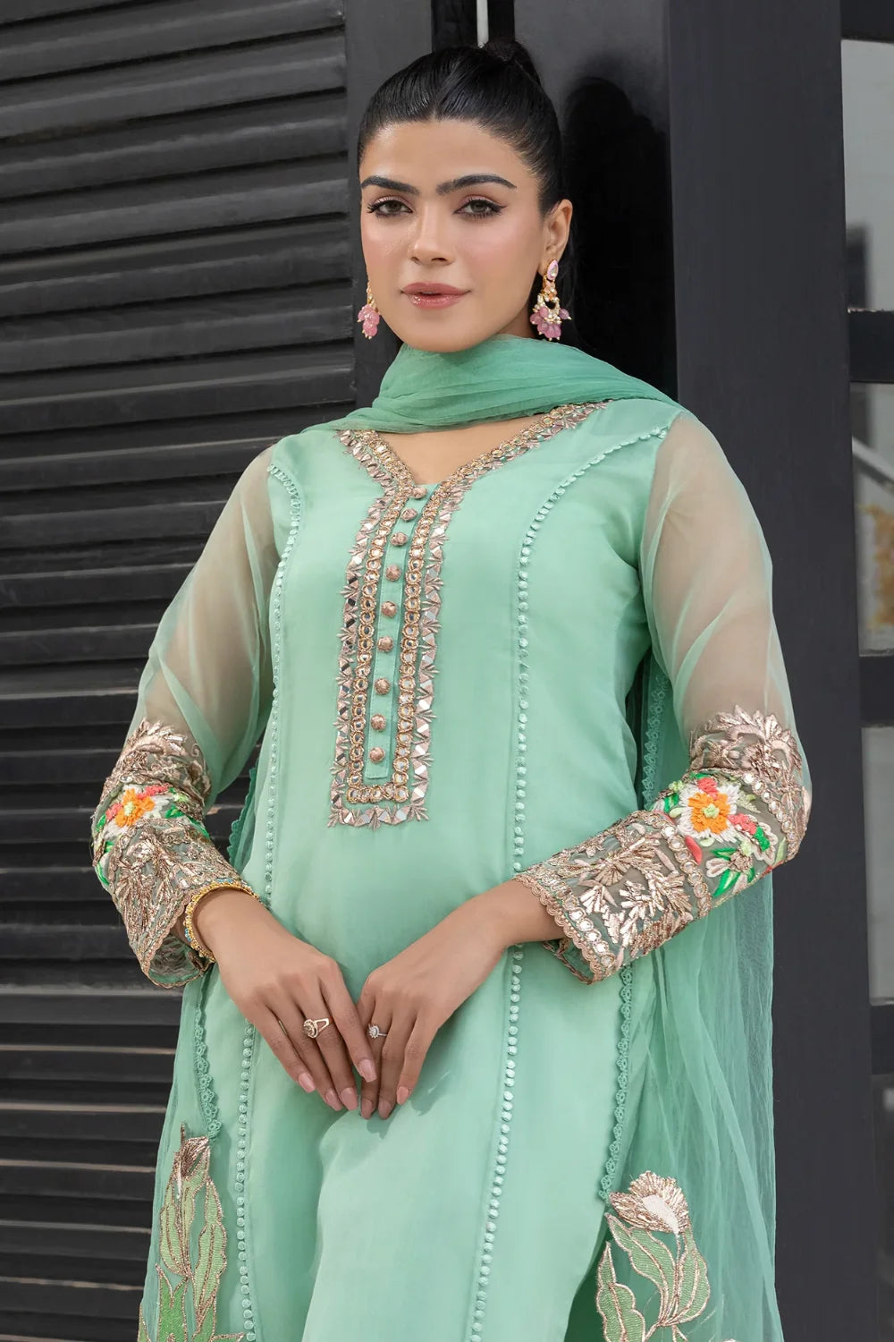 Mint Green Handmade Pure Organza Suit