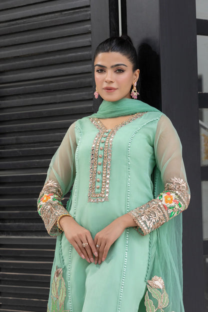 Mint Green Readymade Suit with Embellishments