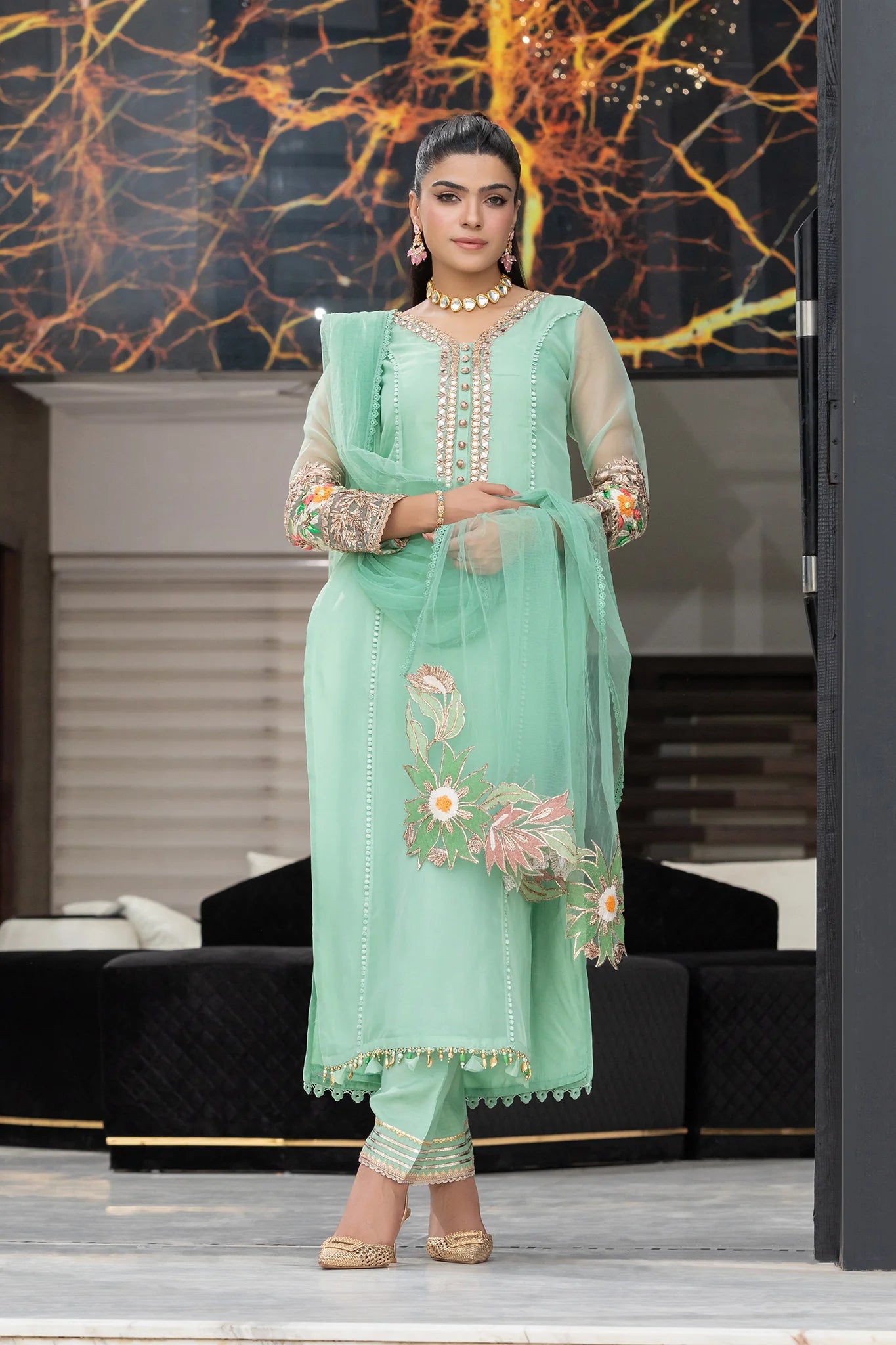 Mint Green Readymade Suit with Embellishments