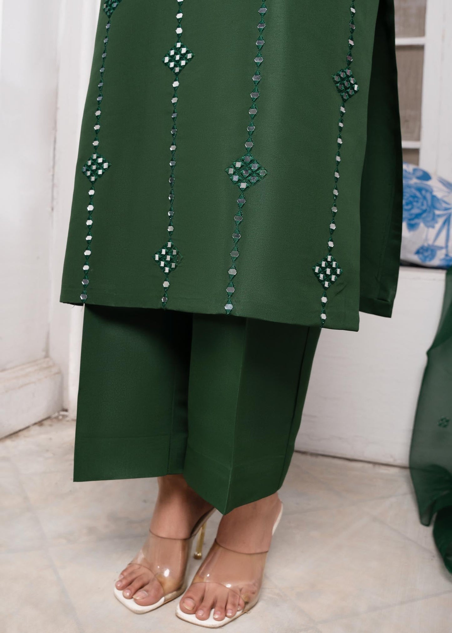 Mirror Work Bottle Green Pakistani Suit for Women Online in Dubai DXB UAE Abudhabi Meena Bazaar