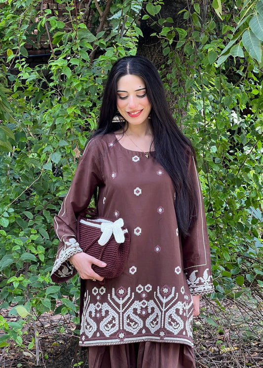 Mocha Brown Cross Stitch Embroidered Kurta Set Online in Dubai DXB UAE Abudhabi Meena Bazaar