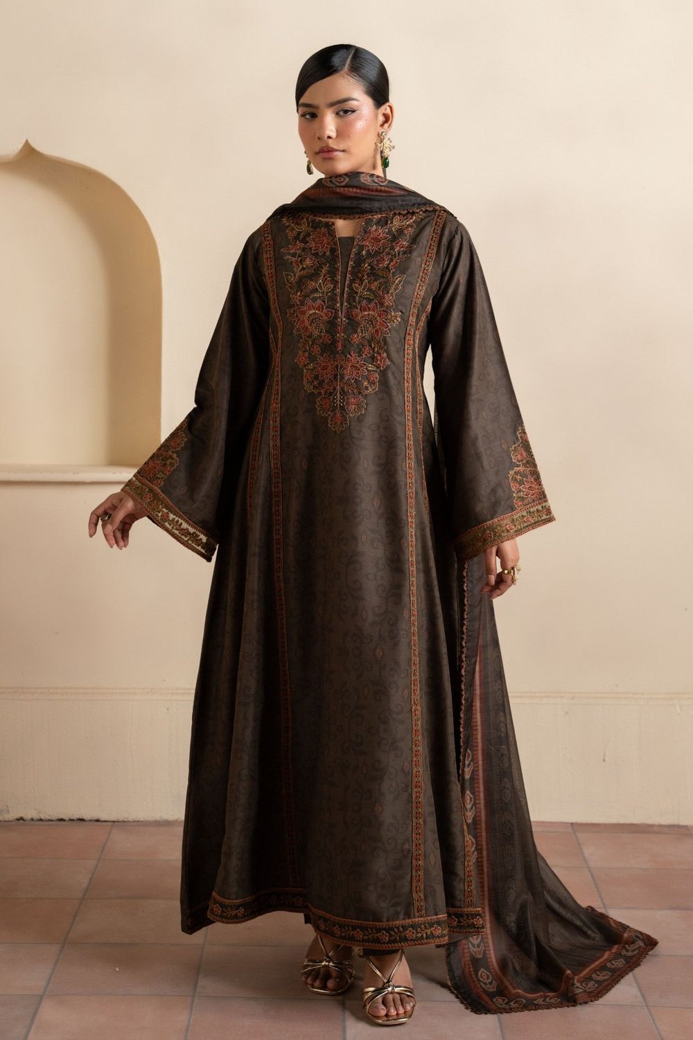 Mocha Brown Embroidered Blended Khaddar Maxi Online in Dubai UAE Abudhabi Ajman Sharjah