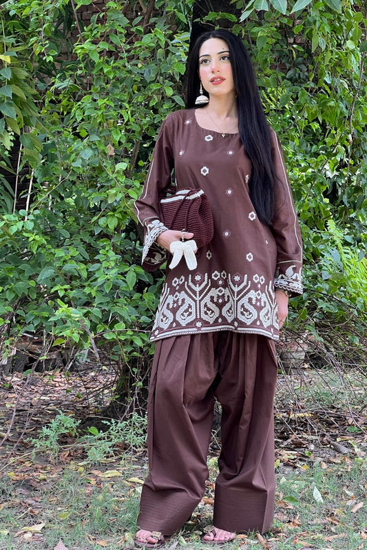 Mocha Brown Embroidered Cotton Farshi Shalwar Online in Dubai UAE Abudhabi Ajman Sharjah