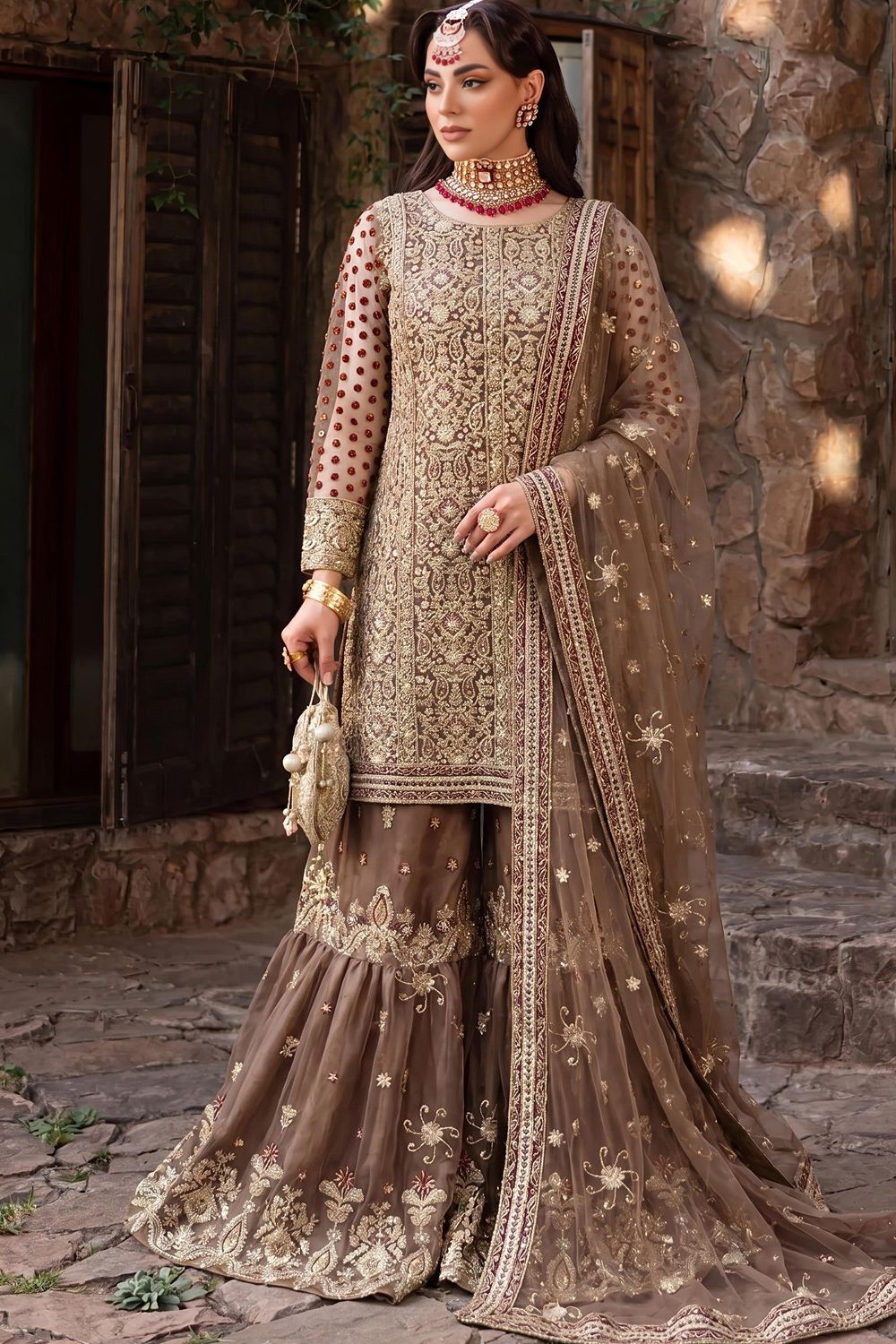 Mocha Brown Embroidered Net Gharara Online in Dubai UAE Abudhabi Ajman Sharjah