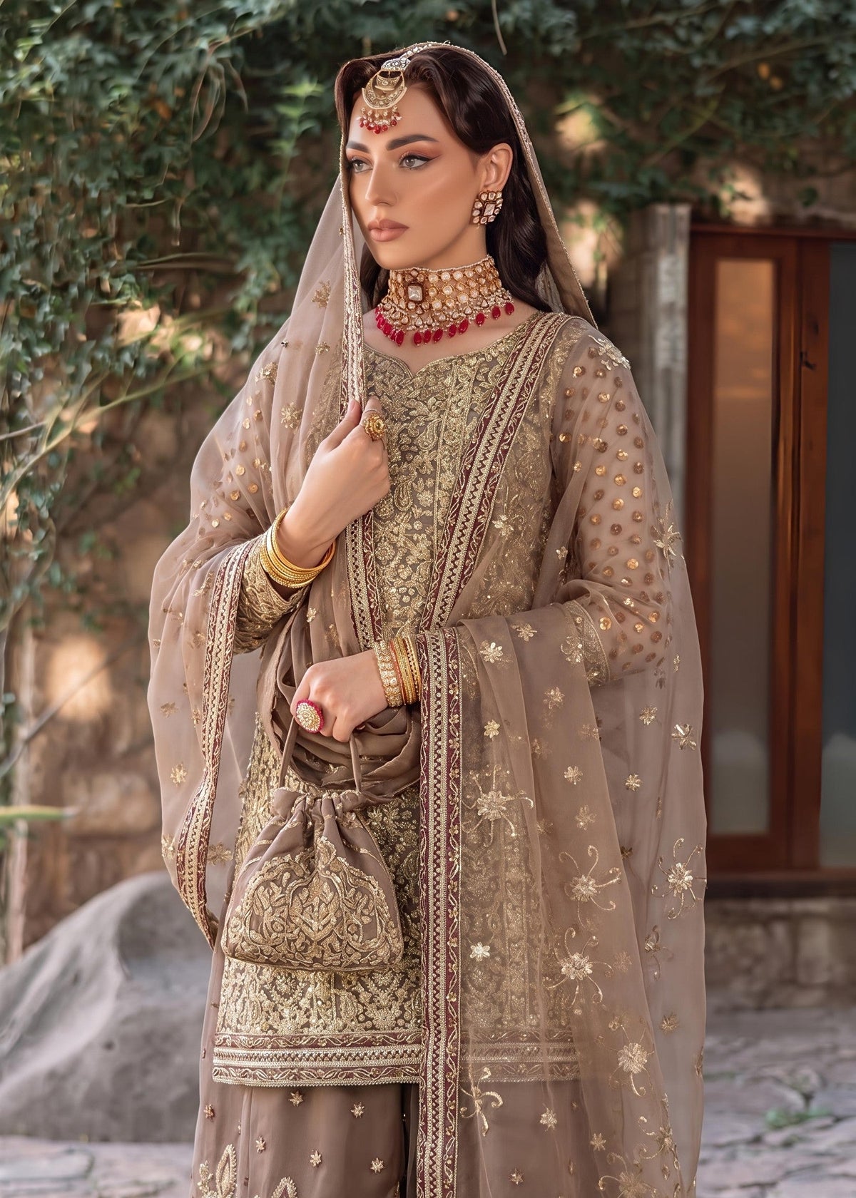Mocha Brown Embroidered Net Gharara Online in Dubai UAE Abudhabi Ajman Sharjah