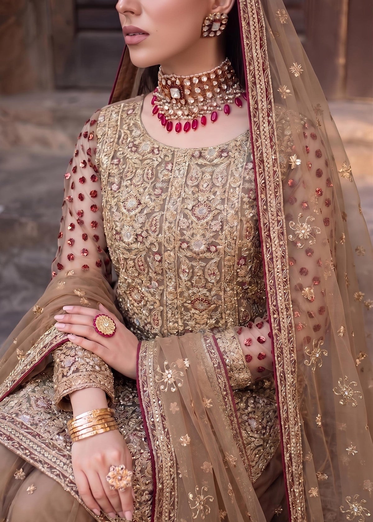 Mocha Brown Net Gharara with Gold Embroidery Online in Sri Lanka India Australia