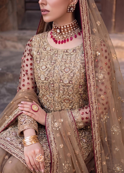 Mocha Brown Net Gharara with Gold Embroidery Online in Sri Lanka India Australia