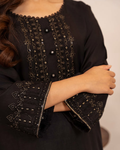 Black Sequins Embroidered Cotton Kurta Set