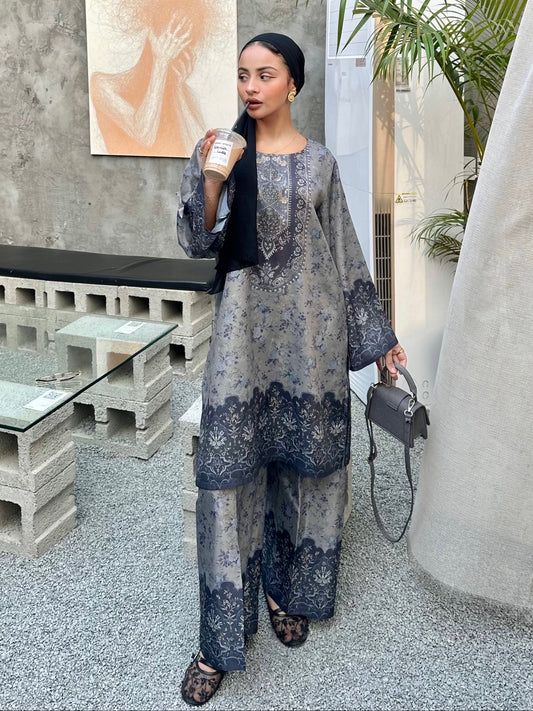 Mohagni Steel Blue Viscose Raw Silk Tunic Shirt and Trouser Online in KSA Riyadh Saudi Arabia Oman Bahrain Qatar