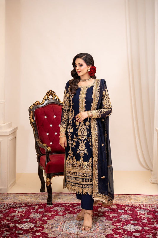 Moonlight Blue Embroidered Bemberg Chiffon Festive Kurta Set Online in Dubai UAE Abudhabi Ajman Sharjah