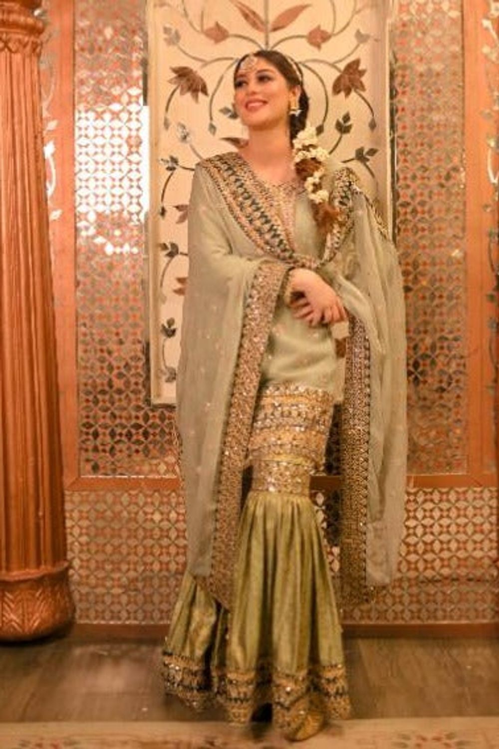 Moss Green Chiffon Gharara with Jamawar Trouser Online in Dubai UAE Abudhabi Ajman Sharjah