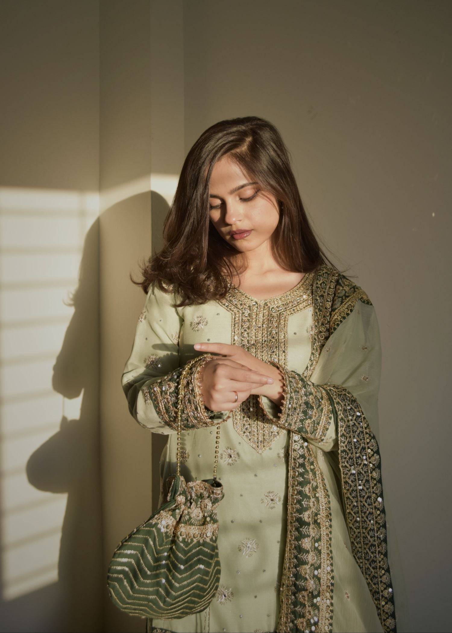 Moss Green Chiffon Wedding Wear Gharara Online in Dubai DXB UAE Abudhabi Meena Bazaar