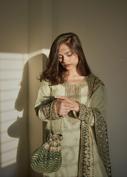 Moss Green Chiffon Wedding Wear Gharara Online in Dubai DXB UAE Abudhabi Meena Bazaar