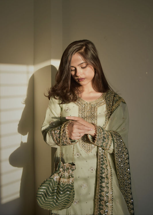 Moss Green Chiffon Wedding Wear Gharara Online in Dubai DXB UAE Abudhabi Meena Bazaar