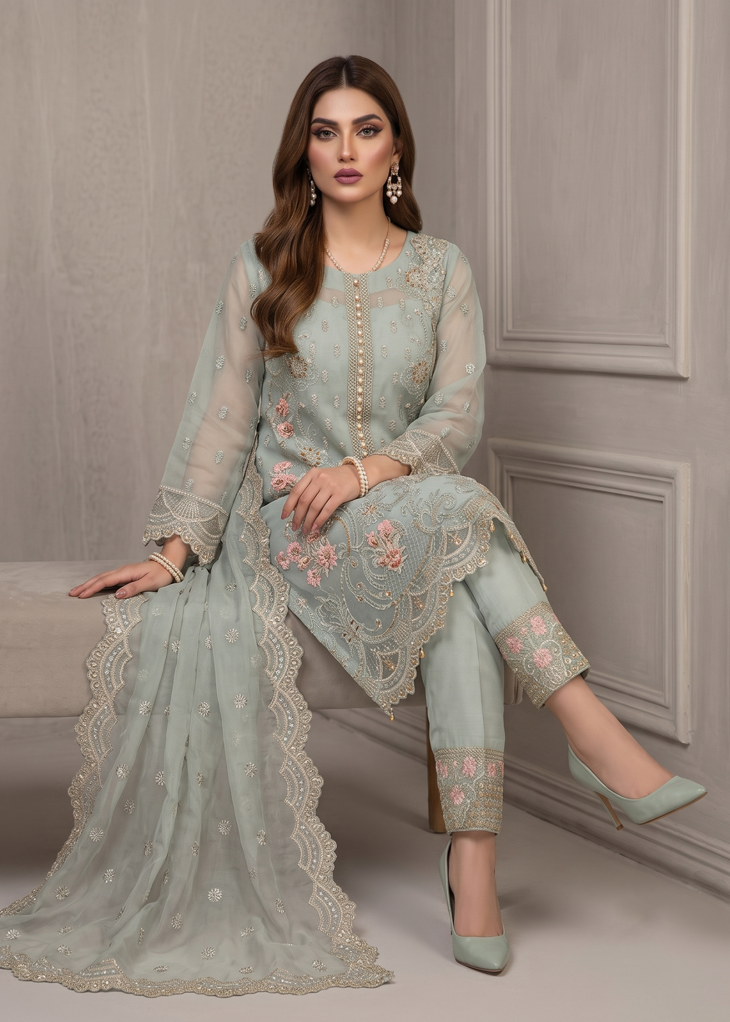 Moss Green Designer Organza Party Wear Suit Online in Dubai UAE Abudhabi Ajman Sharjah