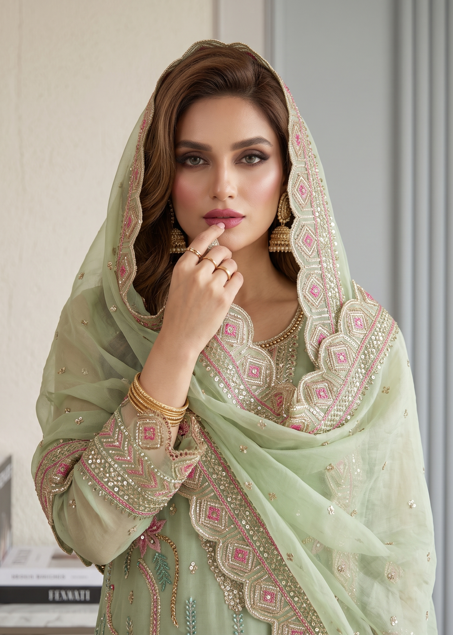 Moss Green Designer Organza Salwar Suit Online in KSA Riyadh Saudi Arabia Oman Bahrain Qatar