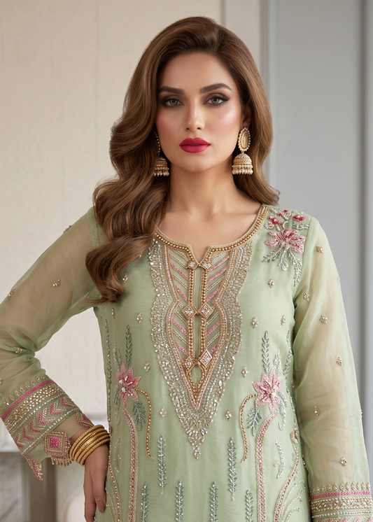 Moss Green Embellished Organza Kurta Suit Online in Dubai DXB UAE Abudhabi Meena Bazaar