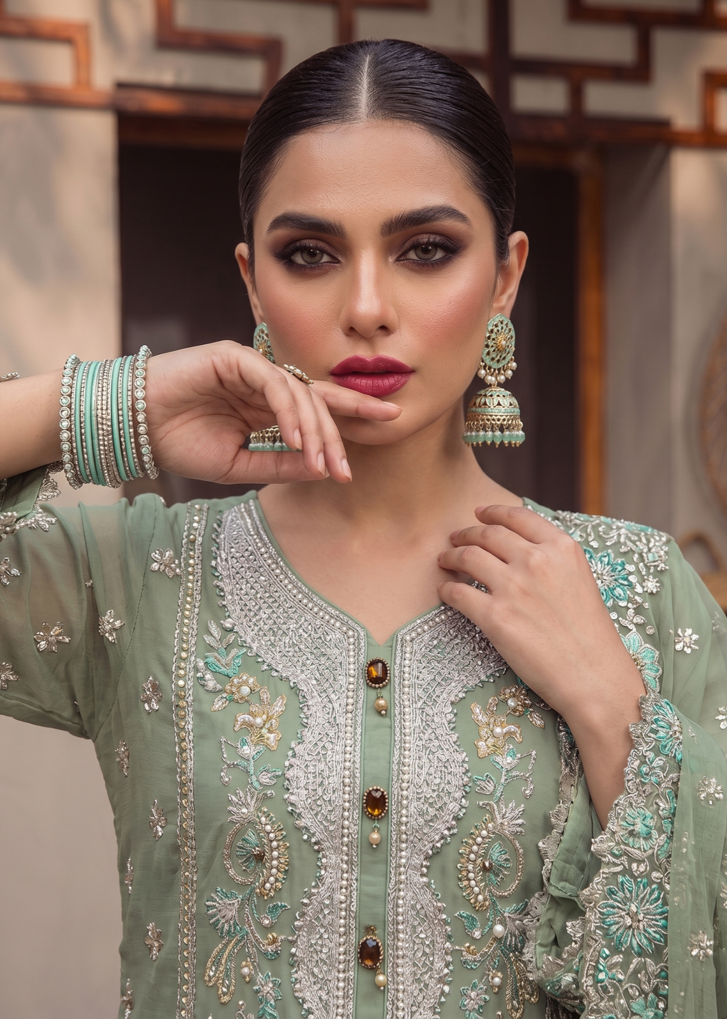 Moss Green Embroidered Organza 3 Piece Dress Online in Dubai DXB UAE Abudhabi Meena Bazaar