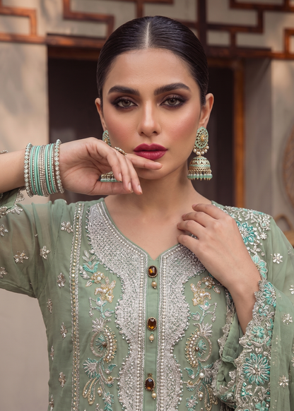 Moss Green Embroidered Organza 3 Piece Dress Online in Dubai DXB UAE Abudhabi Meena Bazaar