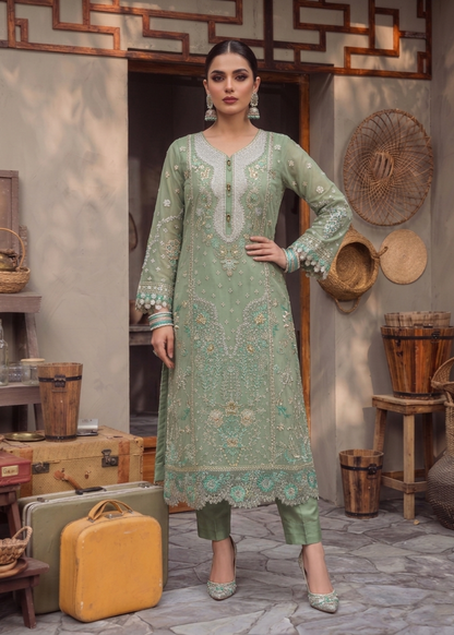 Moss Green Embroidered Organza 3 Piece Suit Online in Dubai UAE Abudhabi Ajman Sharjah