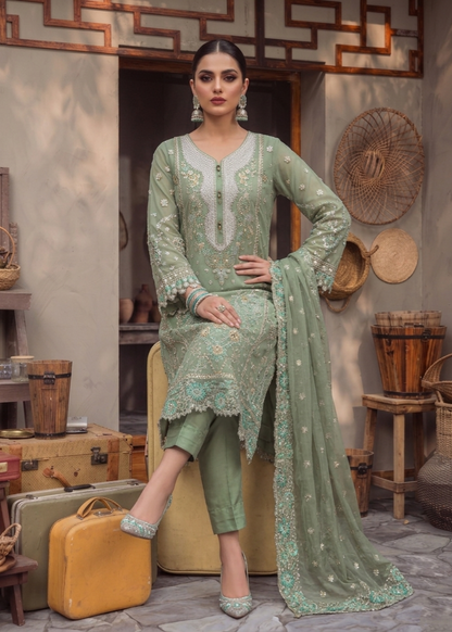 Moss Green Embroidered Organza Festive Wear Online in Dubai UAE Abudhabi Ajman Sharjah
