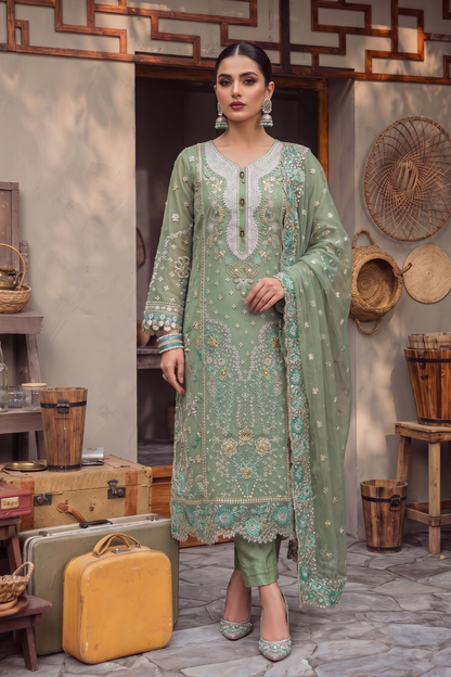 Moss Green Embroidered Organza Partywear Suit Online in Dubai UAE Abudhabi Ajman Sharjah
