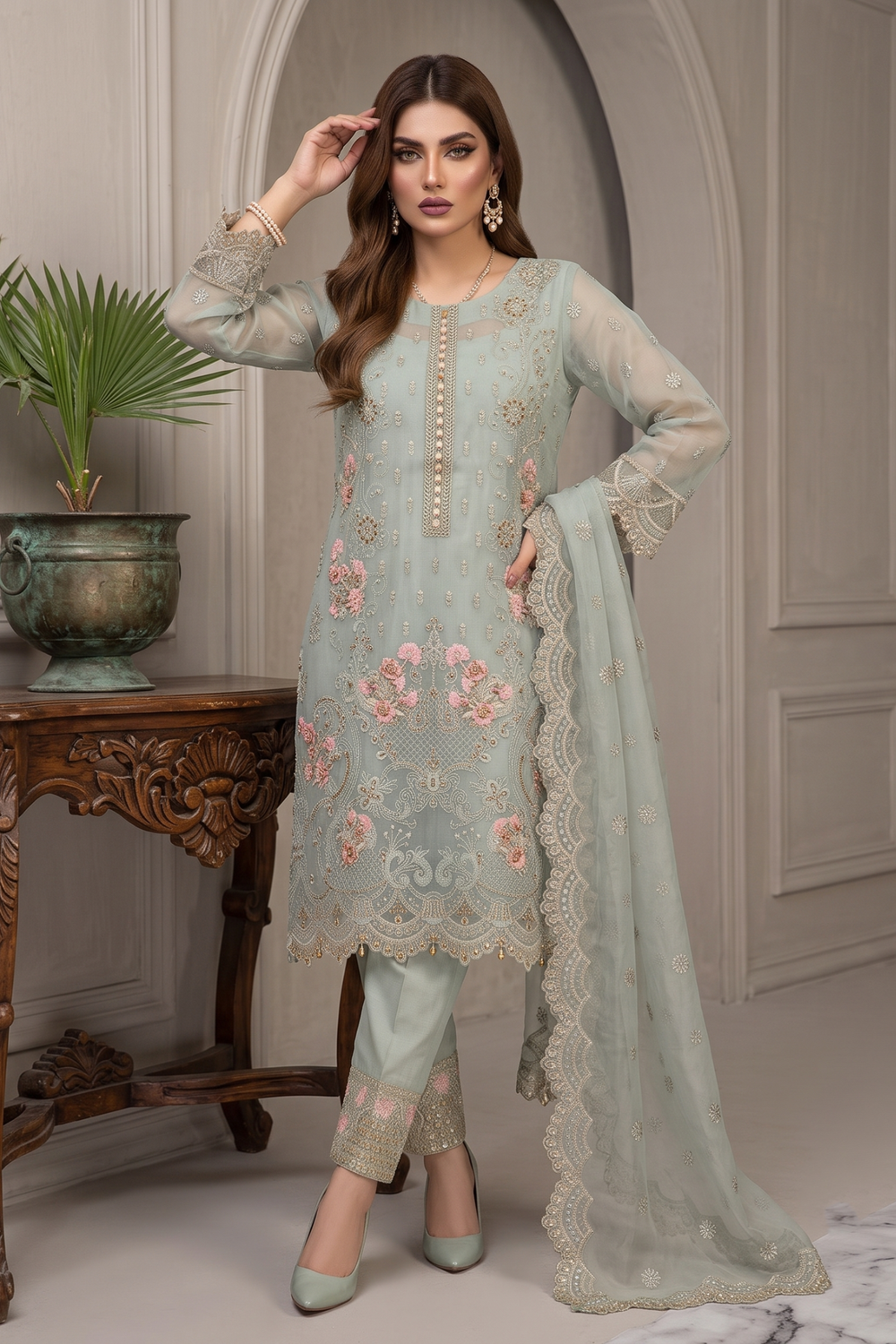 Moss Green Embroidered Organza Partywear Suit Online in Dubai UAE Abudhabi Ajman Sharjah