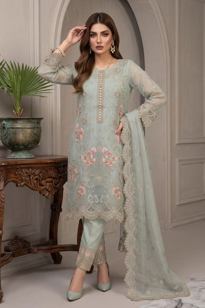 Moss Green Embroidered Organza Partywear Suit Online in Dubai UAE Abudhabi Ajman Sharjah