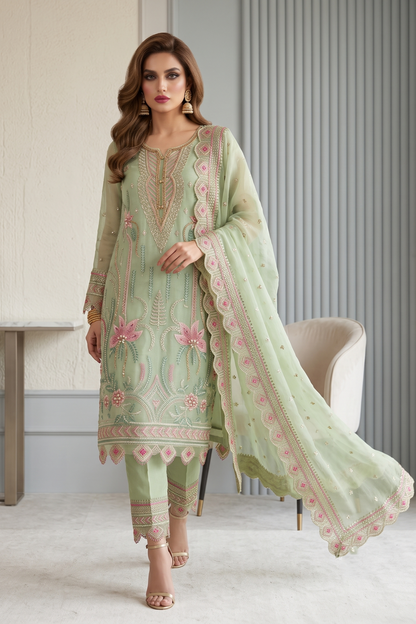 Moss Green Embroidered Organza Partywear Suit Online in Dubai UAE Abudhabi Ajman Sharjah