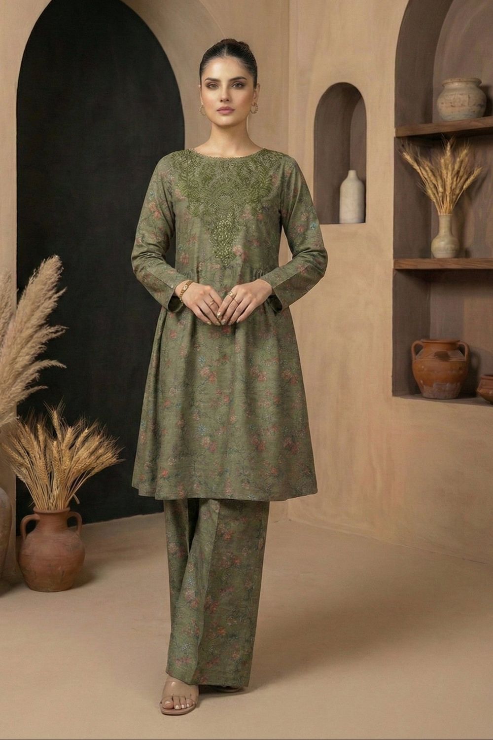 Moss Green Embroidered Raw Silk A-Line Frock Online in Dubai UAE Abudhabi Ajman Sharjah